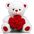 BEJOY Teddy Bear Stuffed Animals Plush Bear Holding Rose Soft Plush Toy Valentine's Day, 16 Inch, White