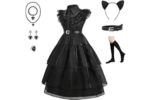 EARJIA Déguisement Halloween Pour Filles Robe Gothique Family Fantaisie Noire Pour Fille Carnaval Anniversaire Cosplay Avec Accessoires