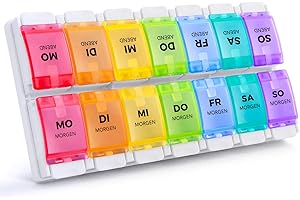 ‎SUKUOS SUKUOS Tablettenbox 7 Tage Morgens Abends, Pillendose Rund 7 Tage 2 fächer, AM PM Tablettendose Medikamentenbox Tabletten Wochenbox mit Große Fächer für Medikamente, Vitamine, Fischöl