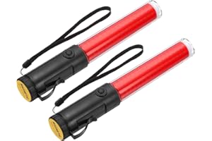 PATIKIL 2 Pack 11 Inch Signal Traffic Wand, Air Traffic Control Wand LED Flashlight with 3 Flashing Modes Side Clip Wrist Strap Lanyard for Parking Directing Guides, Red