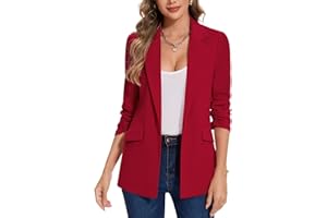 MINTLIMIT Womens Blazer Open Front Jacket 3/4 Ruched Sleeve Suit Front Lined Outerwear Notch Laple Flap Pockets