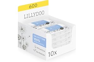 LILLYDOO Chusteczki nawilżające, 99% wody, 10 opakowań po 60 sztuk (600 chusteczek), w 100% wolne od plastiku, bez substancji zapachowych i delikatnych jak woda i bawełna