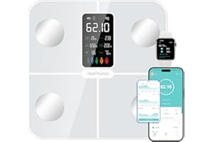 Healthkeep Balance Pèse Personne Balance Connectée Impédancemètre avec Affichage VA 15 Données Corporelles et Fréquence Cardiaque pour APP Andriod et iOS Max. 180kg/400lb, Blanc