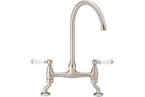 ENKI, Astbury, KT103, Deck Mounted Brushed Nickel, Kitchen Sink Mixer Tap, Featuring a Swivel Swan Neck Spout and Quarter Turn Ceramic Levers, Solid Brass Construction, Traditional Design