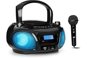 Auna Portable Radio CD Player for Home, 3W Boombox FM+ Radio with Bluetooth + AUX, Stereo System w/Mic, LED Lights & Carrying Handle, USB, MP3 & Bluetooth 5.0 Streaming, Boombox Radio Mains Powered