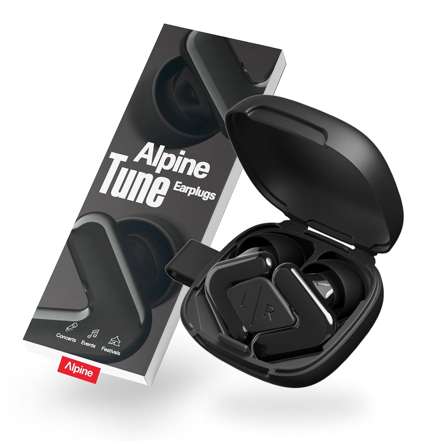 Alpine Tune Festivaloordoppen, Muziekoordoppen met Geluidsdemping, Hifi Geluidskwaliteit, 19dB Gehoorbescherming met Helder Geluid, 4 Maten Oordopjes, Voor Festivals, Feesten, Raves & Clubs, Zwart