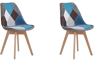 HJhomeheart Juego de 2 Sillas de Comedor de Tela Patchwork con Cojín de Asiento Extraíble y Patas de Madera Maciza para Comedor, Sala de Estar, Cocina, etc. (Retazos Azul)