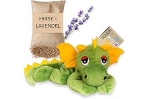 ‎HABIBI Habibi Plush Wärmekissen/Stofftier f. Kinder und Erwachsene – 1814 Glücksdrache grün mit Hirsefüllung, Wärmekuscheltier zum Erwärmen in der Mikrowelle/Backofen, ideal auch für Babys