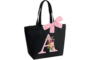 HAMATATA Borsa Tote Bag con Iniziale, Borsa Shopper con Papillon, Borsa Donna Personalizzata con Nome, Regali per Donna, Amica, Sposa Damigella D'onore, Mamma, Compleanno, Nozze, Natale, San Valentino(A)