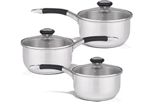 AKH HOUSEWARE Stainless Steel Non-Stick Saucepan Set | Induction Hob Pan with Lid | Multipurpose Cooking Pot | Soup Pan | Suitable for All Hobs (Set of 3)