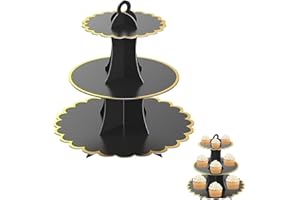 Catelves Patera na babeczki, 3 poziomy, stojak na babeczki, czarna patera kartonowa, 3 poziomy, stojak na babeczki, na wesele, imprezę, urodziny, baby shower, torty, etażerka