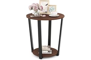 COSTWAY Okrągły stolik pomocniczy, stolik do sofy z metalową ramą, stolik kawowy z 2 półkami, przemysłowy stolik nocny do salonu, sypialni, małych pomieszczeń (brązowy)