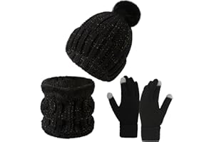 Runmeihe Hat Scarf Gloves Set for Women Ladies, 3 in 1 Winter Warm Knitted Set, Cold Weather with Knit Beanie Cap Touch Screen Gloves Circle Neck Scarf