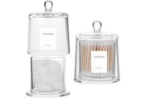 rejomiik 2 Pack Qtip Holder Thick Glass Apothecary Jars with Lid for Bathroom Accessories Vanity Organizers and Makeup Storage for Cotton Ball, Swabs, Makeup Sponges, Candy, Jewelry, Clear