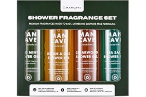 Mancave Men's Ultra-Premium Shower Gel Fragrance Gift Set, 4 x 500ml Natural Sulphate Free Shower Gels: Wild Mint, Lemon & Oak, Cedarwood and Sea Salt fragrances, Vegan Friendly, Packaging May Vary