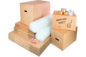 ONLY BOXES Pack Mudanza con 10 cajas cartón con asas 50x30x30 cm,10 cajas 43x30x25 cm, 10 cajas 60x40x40 cm, 2 rollos burbujas, 3 cintas para embalar, 20 etiquetas frágil y 30 identificativas