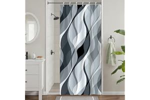 Tenda Doccia Antimuffa, Uiiooazy Tenda Doccia Piccola 90x180cm Grigio Righe Sfumata Blu Nebbia Banda Gradiente Tende da Bagno Tessuto Lavabile Impermeabile Poliestere Tende Vasca da Bagno con 6 Anelli