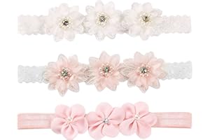 DRWOSM 3 Pcs Bandeau Fleur Bébé Fille Rose Blanc Bandeau Dentelle Perle Nouveau-né Fleuri Bandeau Cheveux Mignon Bandeau Élastique Cheveux Accessoires (B)