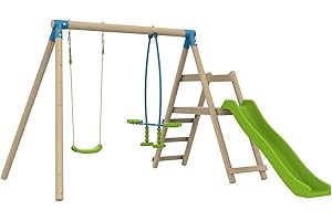 TP Toys Station de Jeu en Bois Arbousier – Balançoire, Vis-à-Vis, Toboggan et Kit d’Ancrage – Hauteur 190 cm – Bois Certifié PEFC – Aire de Jeux Extérieure Sécurisée pour Enfants Dès 3 Ans