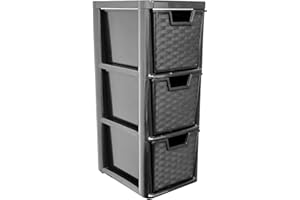 ALEEZ - 3 Drawer Plastic Storage Unit - Space Saving Multipurpose Medium Drawers - Rattan Design Home Office Storage Durable Draws - Tabletop, Desktop Drawers - 48cm (H) x 19cm (W) x 25cm (D)