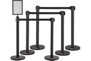 VEVOR Pali con Cintura per Controllo della Folla φ320x900mm, Barriere di Controllo della Folla 6 Pezzi, Pali di Acciaio al Carbonio Verniciate con Cintura Retrattile Nera, Divisorio Linea Folla