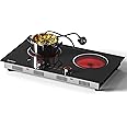 Karinear Double Ceramic Hob, Double Electric Hob Portable 30cm Ceramic Hob Knob Control with 4-Hour Timer, 9 Power up to 2800W, Safety Lock, for All Type Pot