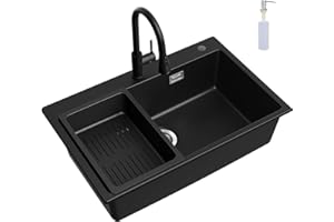 CECIPA Lavello Cucina Nero con Rubinetto a Doccetta Estraibile, 70 x 45 cm Lavandino Cucina 1 vasca in Granit con Dispenser Sapone e Cestello Scarico, Incasso al mobile 80cm, con Sifone