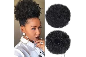 BAMBOOPACK Extensions de cheveux afro synthétiques avec cordon de serrage pour queue de cheval - Cheveux afro courts et bouclés - Pour femmes et filles - Noir - 20,3 cm