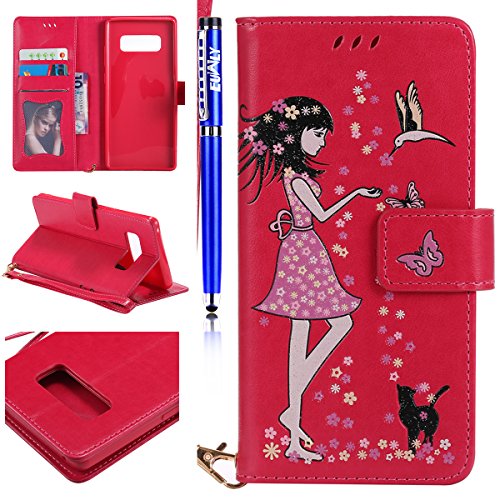 Preisvergleich Produktbild EUWLY Lederhülle für [Samsung Galaxy Note 8] Leuchtende Nacht Schutzhülle Ledertasche Handytasche Retro Elegant Mädchen Schmetterling Blume Glitzer Night Luminous Leder Wallet Tasche Flip Tasche Wall