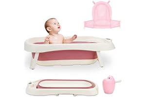 Sonnewelt Baby Badewanne, Babywanne mit Thermometer, Badematte und Baby-Haarwaschbecher, Faltbar Babybadewanne neugeborene ab 0-3 Jahre (Rosa)