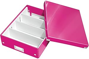 ‎LEITZ Leitz Click & Store Aufbewahrungsbox mit Deckel Mittel-Groß, Box mit Trennwänden für Zubehör im Büro oder Utensilien im Haushalt, Transportbox aus 85 % recycelter Premium-Hartpappe, Pink, 60580023