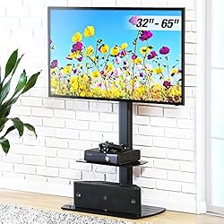 FITUEYES Meuble TV avec Support Télé Pied Suspendu Pivotant pour Plasma TV/LCD de 32 à 65 Pouces avec 2 Etagères en Verre Trempé Noir TT206502GB