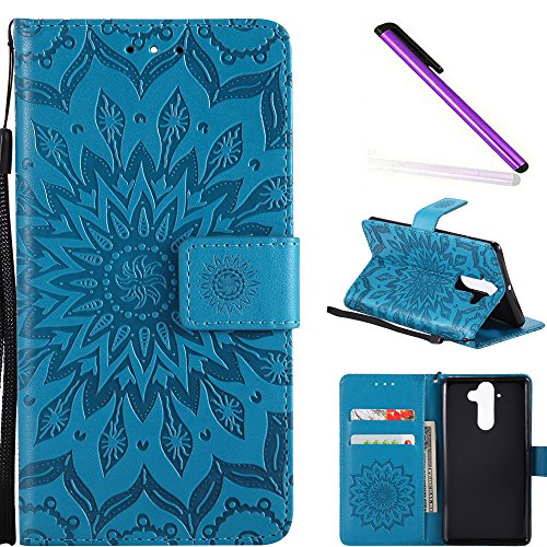 COTDINFOR pour Nokia 9 Coque Premium PU Leather Rétro Elégant Ultra-Mince Antichoc Magnétique Portefeuille Case Cover Ceinture Fente Carte pour Nokia 9 Blue Sunflower KT.