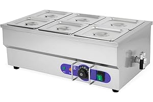 VERTES Scaldavivande a Bagnomaria Elettrico Professionale(1500 W, 6 x Contenitori 1/6GN, 6 x 1,6 L con Coperchio, Rubinetto di Scarico, Acciaio Inox, Temperatura 50-200°C Gradualmente Regolabile)
