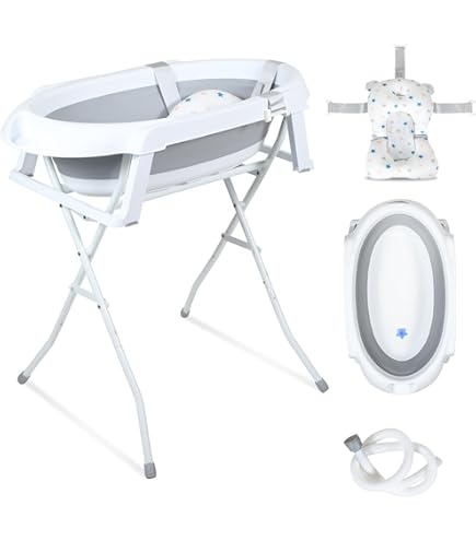 Vasca da bagno pieghevole per neonato, 3 in 1, pieghevole, con sgabello da doccia, con tappo di scarico e foro per doccia, 1 a 7 anni (blu-3 in 1, 85 x 55,5 x 43,7 cm