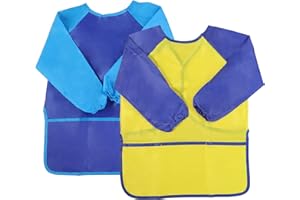 KZNKZN 2 Pack Kids Art Smock Toddler Children Painting Apron, Kids Apron, Waterproof Play Apron Long Sleeves With 3 Roomy Pockets Age 3-5 Years Girls And Boys For Painting, Craft, Eating(Blue+Yellow)
