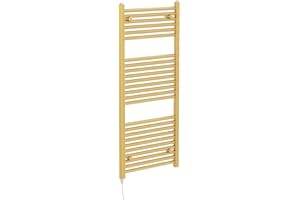 GO BATHROOMS Newark Brushed Gold Electric Heated Towel Rail Wall Mounted Slim Ladder Design Bathroom Radiator - 1200mm x 500mm