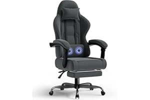 TRIUMPHKEY Fabric Gaming Chair with Footrest, Comfy Gamer Chair for Adults with Massage Lumbar Pillow, Reclining Backrest, Wide Seat, Height Adjustable Computer Chair, Dark Grey