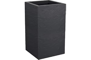 EDA Volcania'Up - Maceta Cuadrada Alta 36 L, decoración de Piedra de imitación – Zona de retención de Agua – 29,5 x 29,5 x 49,5 cm, Color Gris Antracita