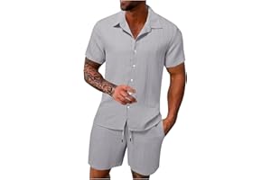 HAOLEI Mens Cotton Linen Shorts and Shirt Sets UK Sale Clearance Tracksuit Set Summer Co Ord Sets Short Sleeve Button Down Shirts & Shorts with Pockets 2 Piece Outfits Vacation Beach Wedding Suits