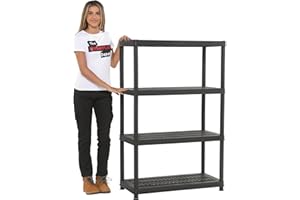 The Workplace Depot Heavy-Duty 4-Tier Plastic Shelving Unit, 65kg Per Shelf, Non-Rusting Black, Tool-Free Assembly for Garage, Workshop & & Home Storage (4 Shelf (1400mm))