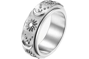Epinki 8MM Anillos Hombre Acero, Anillo Giratorio Estrella Luna Sol Plata Anillo Antiestres