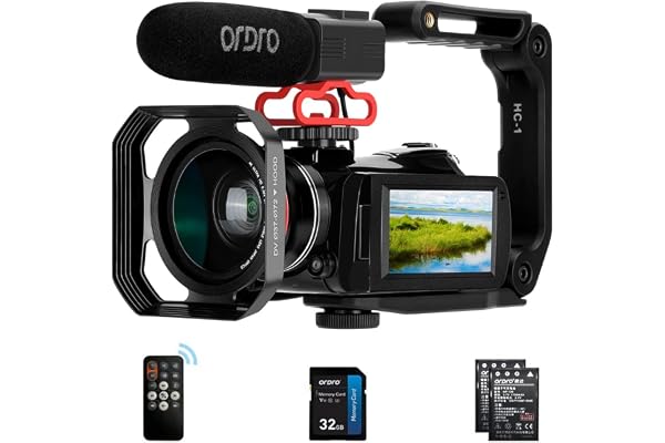 ORDRO Caméra vidéo 4K WiFi Ultra HD Vlog Camera pour Youtube, Vision Nocturne IR Enregistreur vidéo avec Microphone, Objectif Large, Pare-Soleil d'objectif, 2 Piles