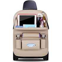 2 pezzi Organizer per seggiolino auto, Protezione per sedile posteriore auto, Multifunzionale PU impermeabile anti-calci, con scomparto per tablet pieghevole, 8 tasche, Beige