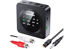 Transmisor Receptor Bluetooth 5.0 aptX-LL/aptX - SOOMFON 2 en 1 Adaptador Audio Bluetooth HD Baja Latencia Dual Link Emisor Bluetooth Audio con Aux 3,5mm/RCA/Óptica para TV Estéreo Altavoz Auriculares