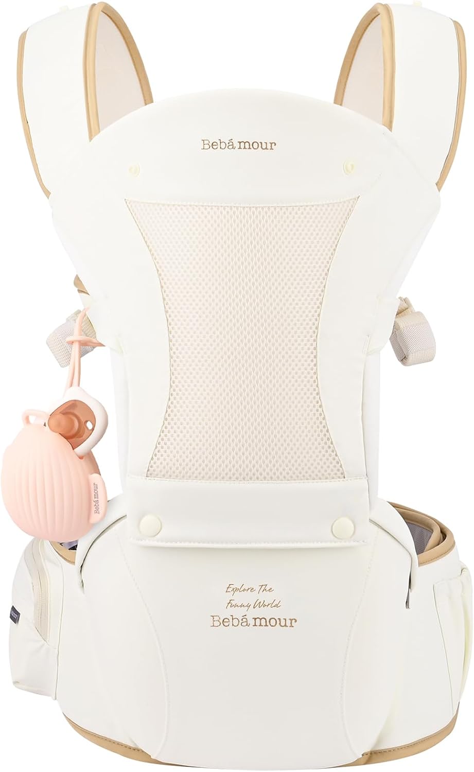 Bebamour Baby Carrier Newborn to Toddler Baby Carrier Hipseat 0-36Months with Head Hood, 3 PCS Teething Pads, Waist Extender, Storage Bag & Pacifier Case (Beige)