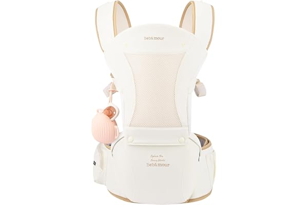Bebamour Porte-bébé pour nouveau-nés et tout-petits Porte-bébé Hipseat 0-36 mois avec capuche, 3 coussinets de dentition, rallonge de taille, sac de rangement et étui à tétine,Beige
