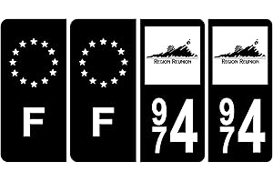 HADEXIA Lot de 4 Autocollants Plaque d'immatriculation 974 La Réunion Noir & F Europe