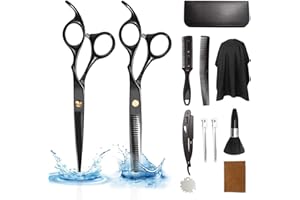 Xnuoyo Forbici da Parrucchiere, Professionali in Acciaio Inossidabile Kit Forbici con Mantello da Barbiere e Pettine da Rasoio per Forniture da Barbiere e Salone di Casa (Black)