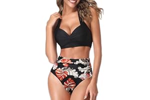 AOQUSSQOA Women Two Piece Tankini Swimsuits High Waist Halter Vintage Bikini Set Ladies Swimwear
